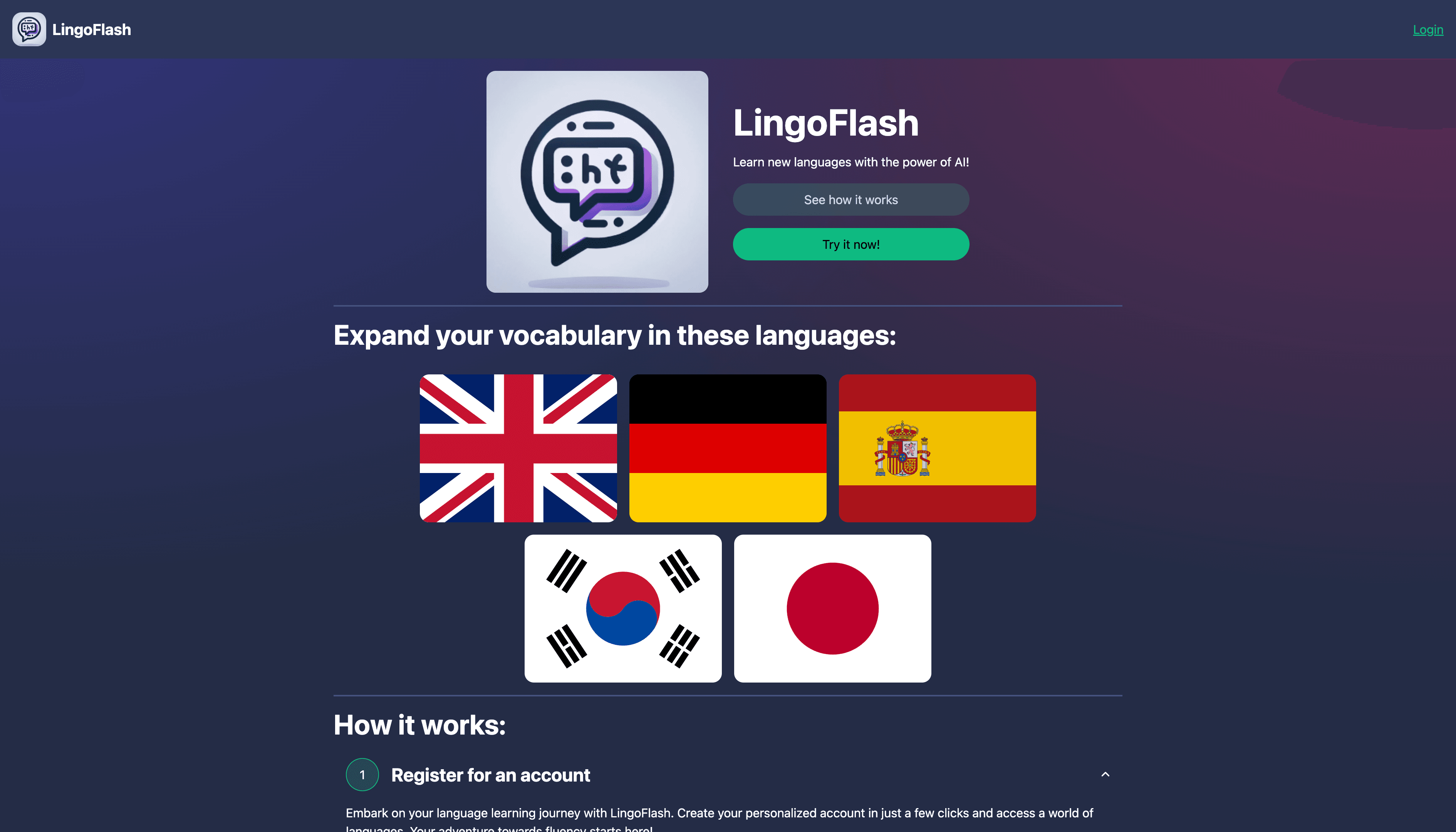 A screenshot of the LingoFlash homepage