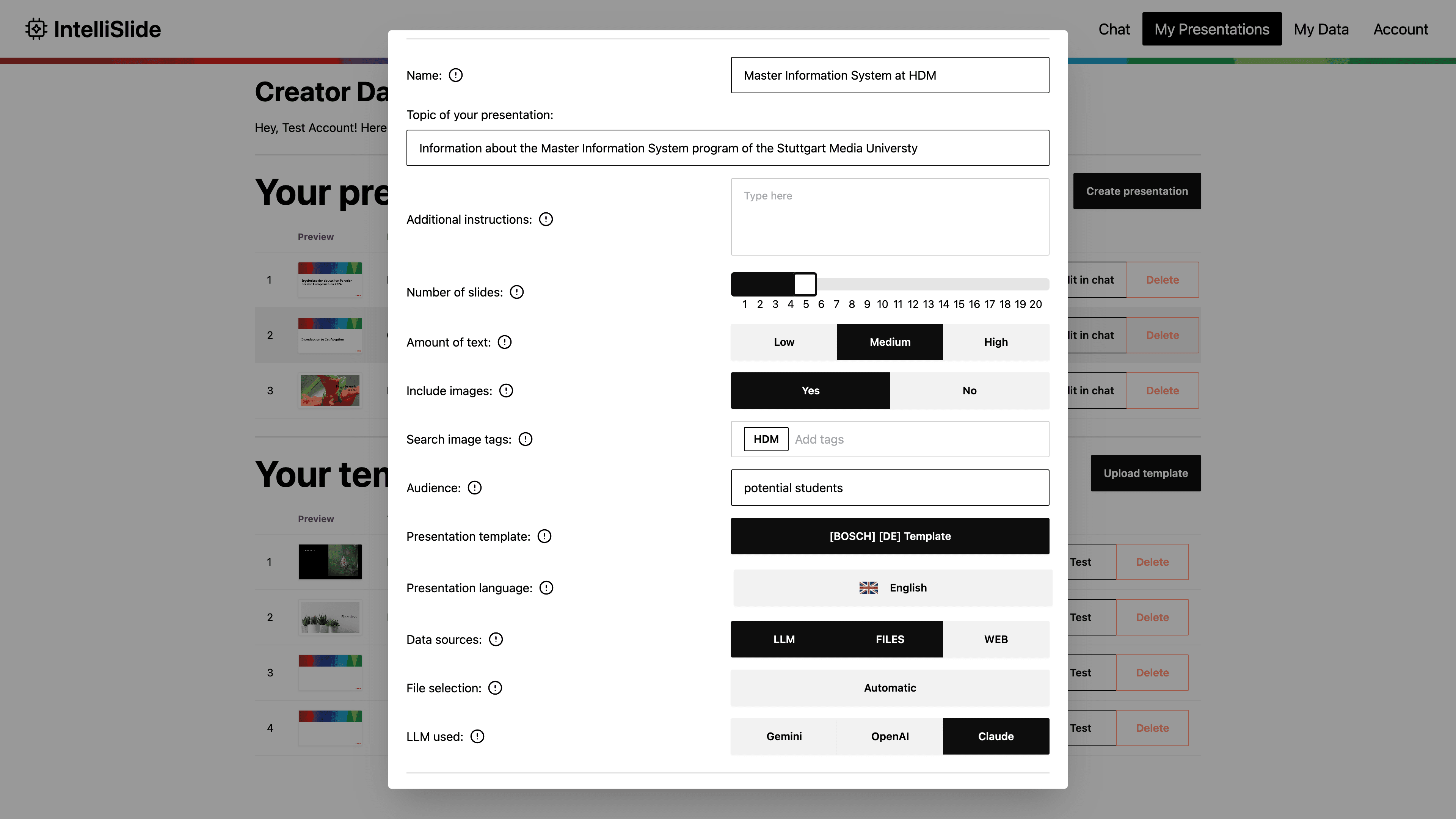 A screenshot of the IntelliSlide presentation creation settings.